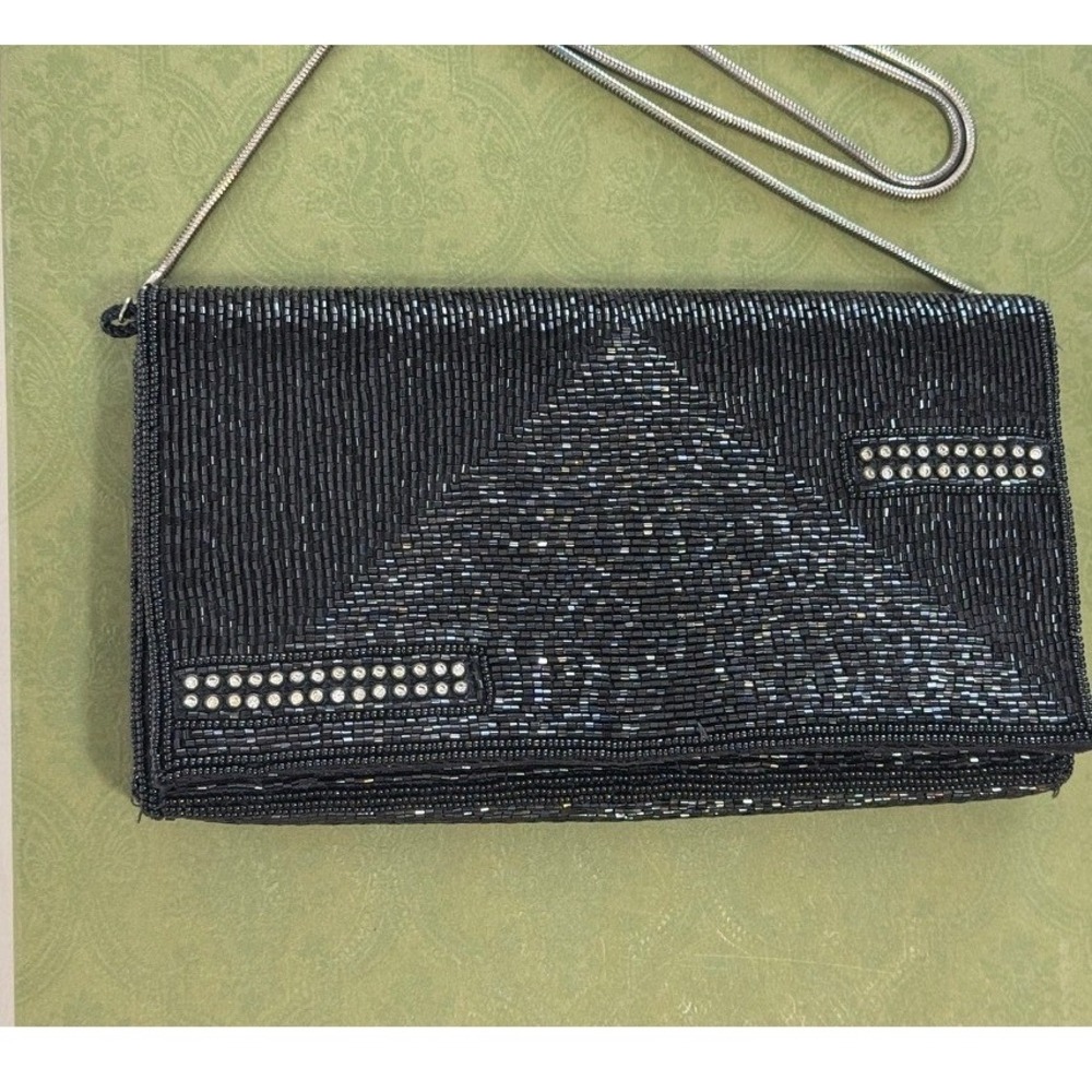 Lord & Taylor VTG Black Beaded Evening Clutch Geometric Art Deco Shoulder Bag